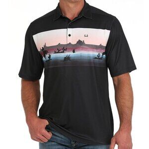 Cinch Men's SM Arenaflex Short Sleeve Wild West Border Print Polo T-Shirt Black